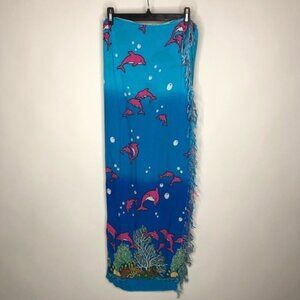 DOLPHIN Under the Sea Blue & Pink Coral Reef Tassel Beach Coverup Sarong Skirt
